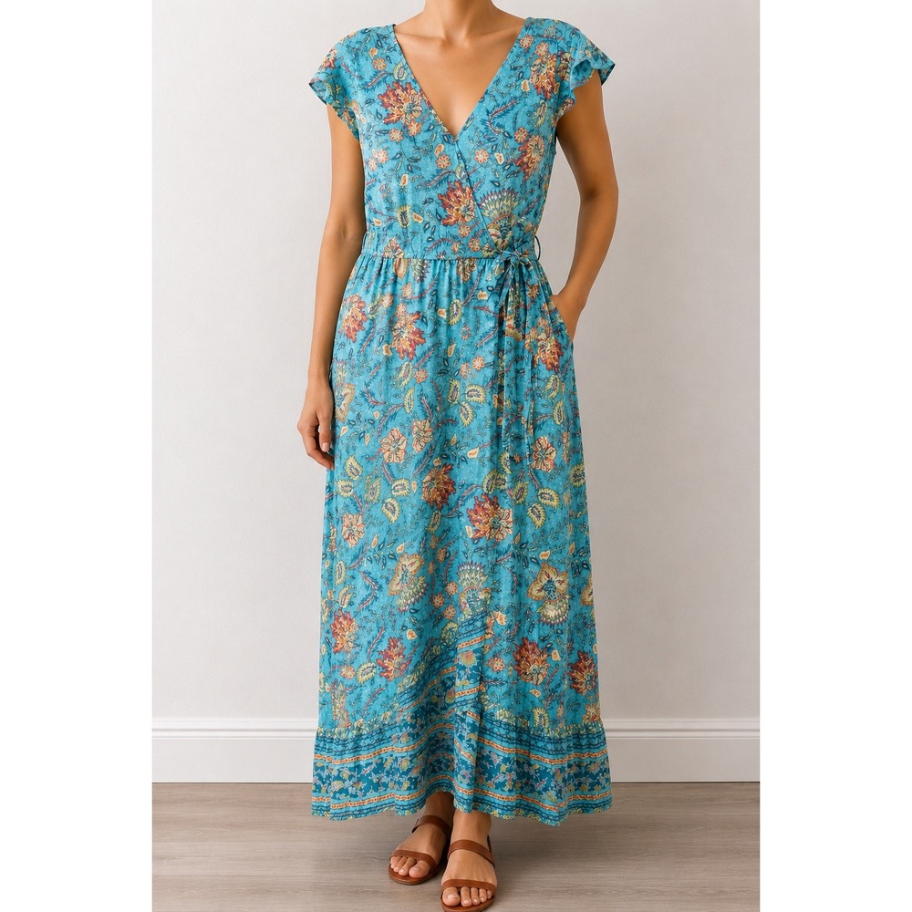 Hand of the Free Floral Maxi Dress Turquoise Blue BohoWrap Flutter Sleeve Medium